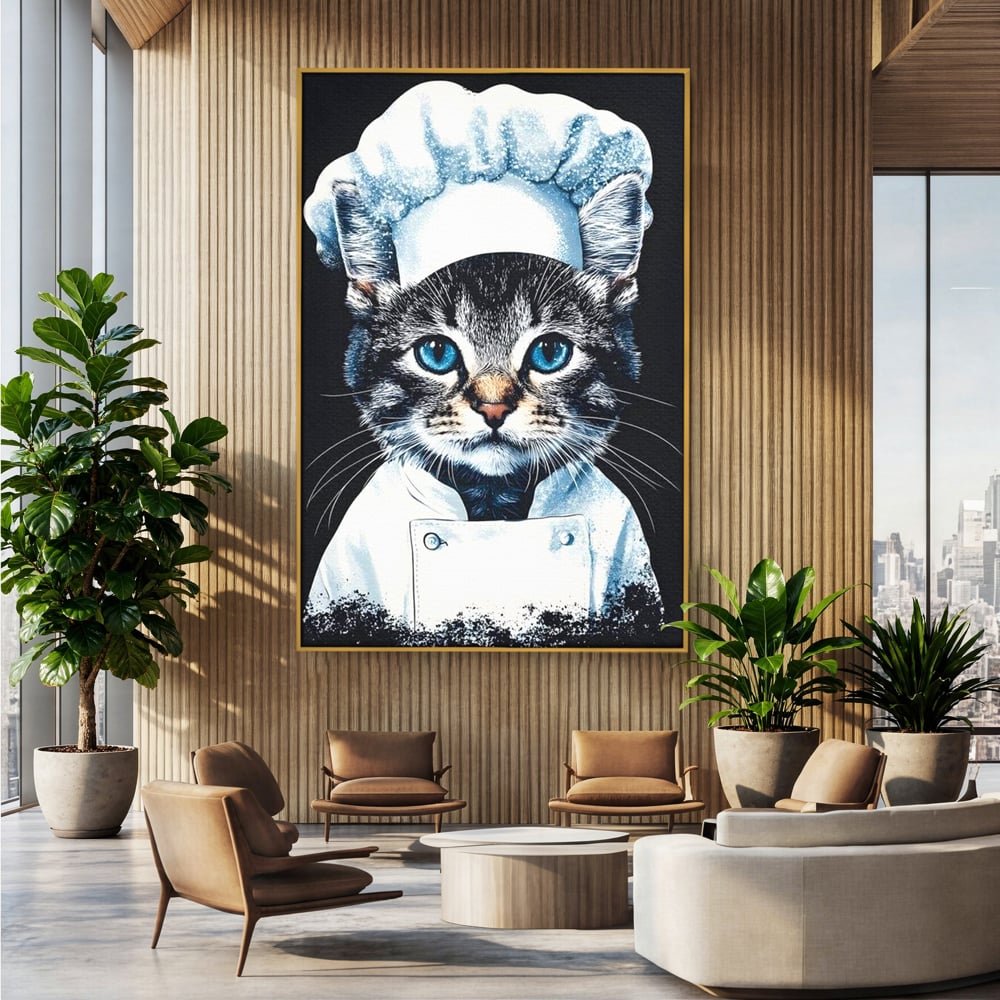 Tablou canvas cu tablou canvas cu pisica bucatar, in rama de aluminiu auriu, pe perete intr-un birou